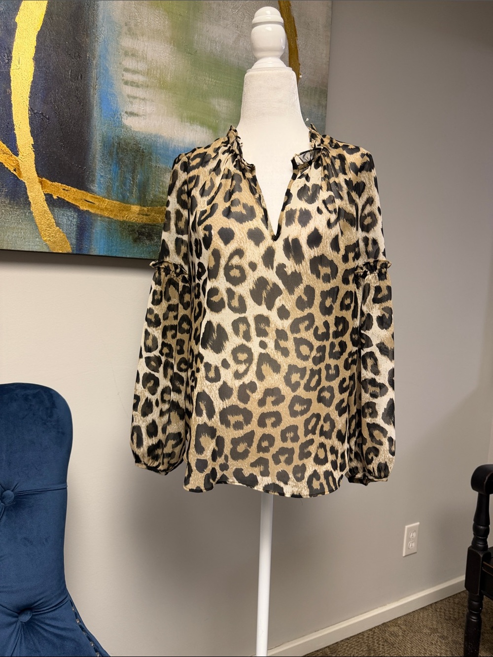 Leopard Print Balloon Sleeve Blouse - Neutral